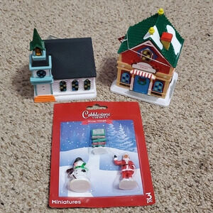 Christmas Cobblestone Corners Light Up Miniature Village Houses 3 PC